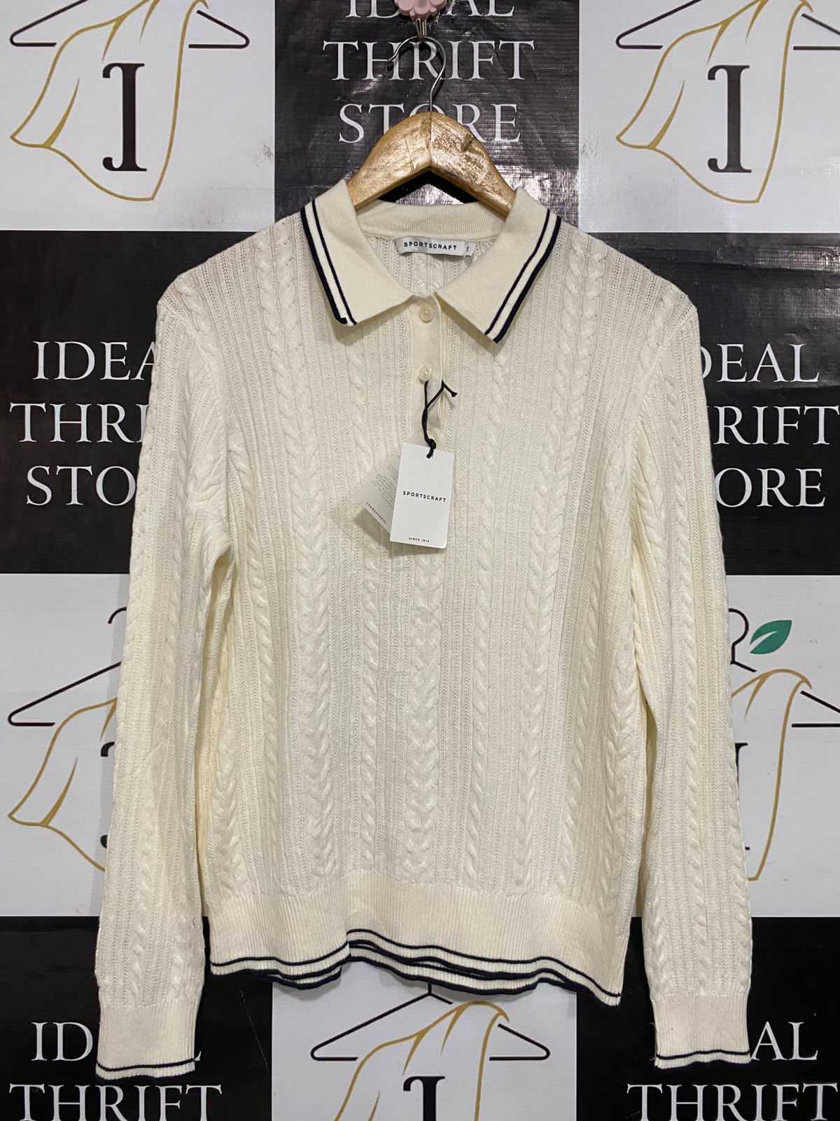 SPORTS CRAFT |XS| BUST 19| A65| CREAM AND NAVY STRIPED CABLE-KNIT COLLARED LONG-SLEEVE TECHNICAL UTILITY SWEATER