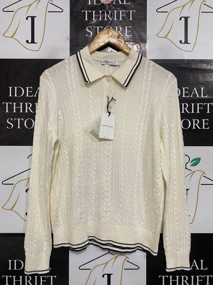 SPORTS CRAFT |XS| BUST 19| A65| CREAM AND NAVY STRIPED CABLE-KNIT COLLARED LONG-SLEEVE TECHNICAL UTILITY SWEATER