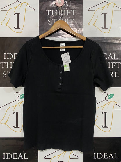 ANKO |M| BUST 17 | A65| BLACK RIBBED BUTTON-FRONT SHORT-SLEEVE TECHNICAL UTILITY TEE