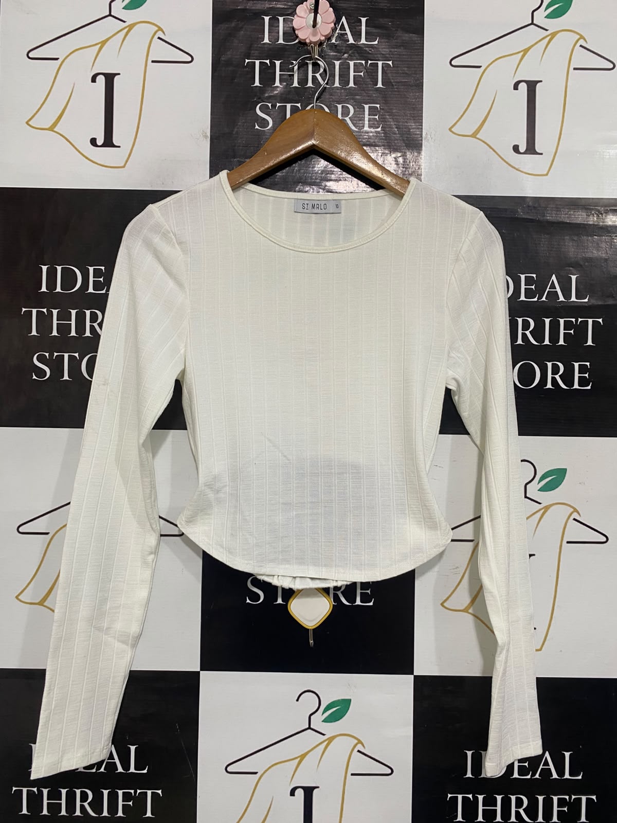 ST MALO  |M| BUST 15| A65| OFF-WHITE RIBBED CROP LONG-SLEEVE TEE