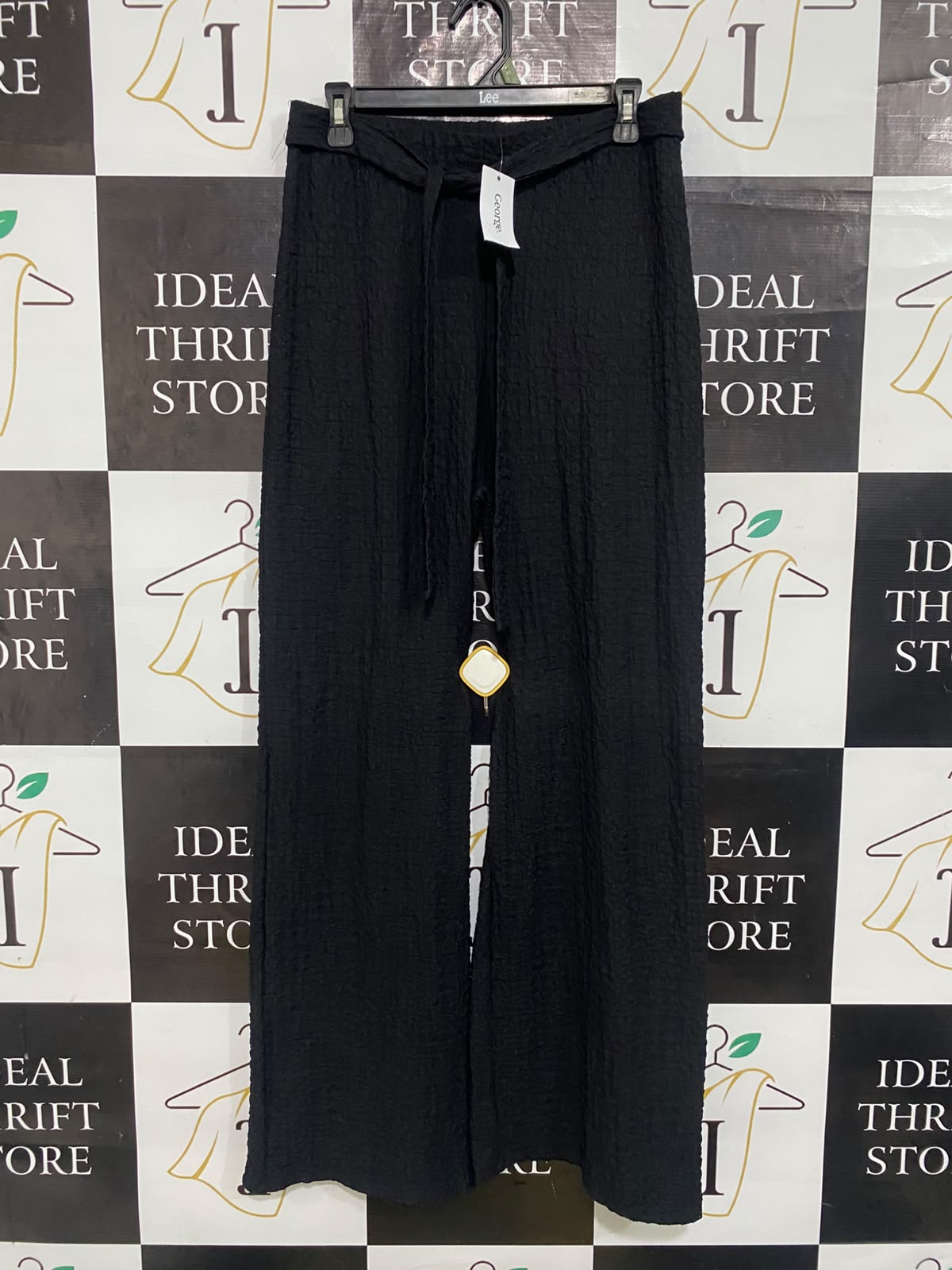 GEORGE |L| WAIST 30| A65| BLACK CRINKLED TIE-WAIST WIDE-LEG  PANTS