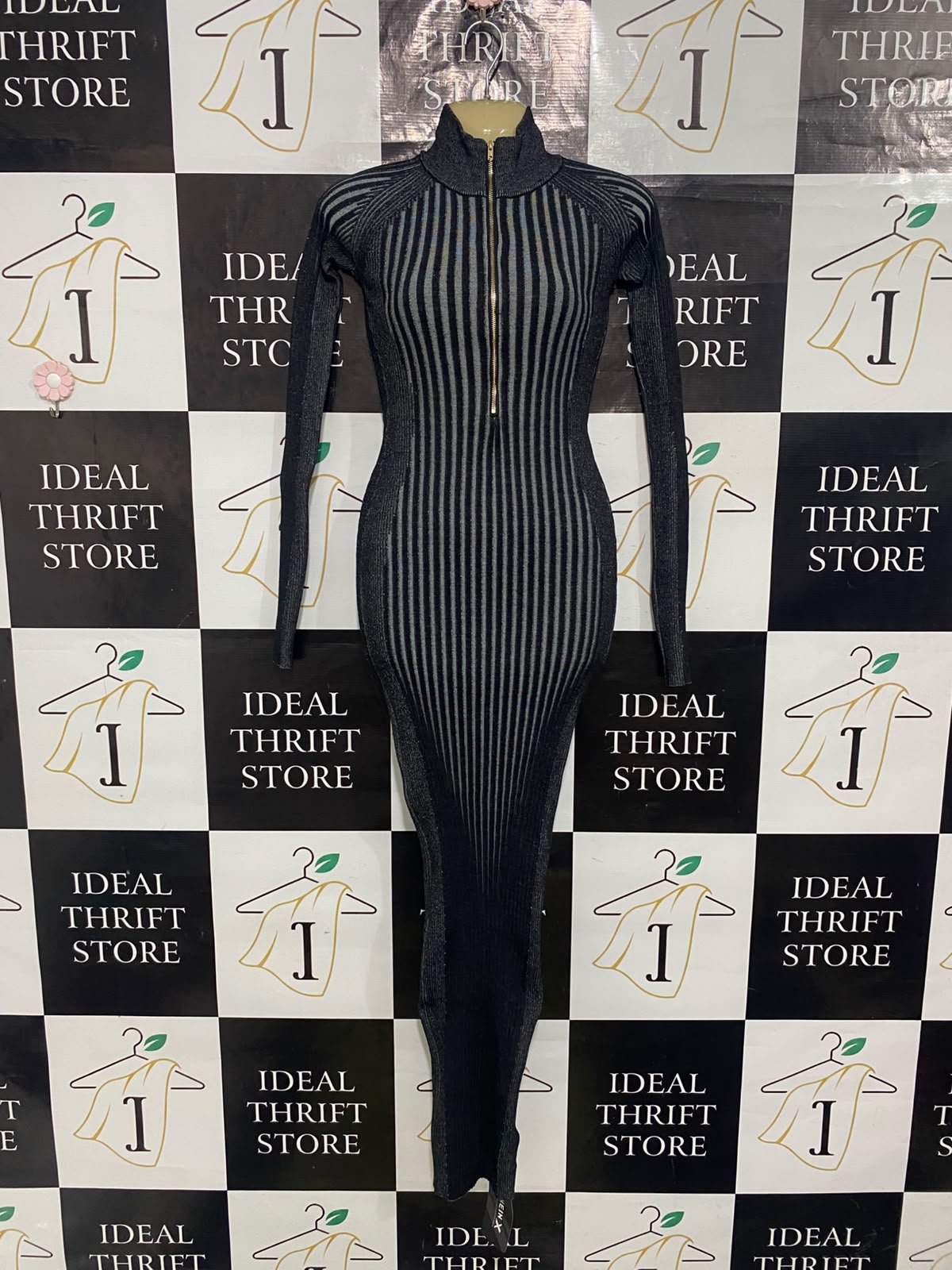 SHEIN X |S| BUST 15| A65| BLACK RIBBED ZIP-NECK MIDI DRESS