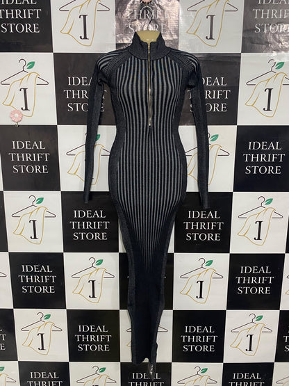 SHEIN X |S| BUST 15| A65| BLACK RIBBED ZIP-NECK MIDI DRESS