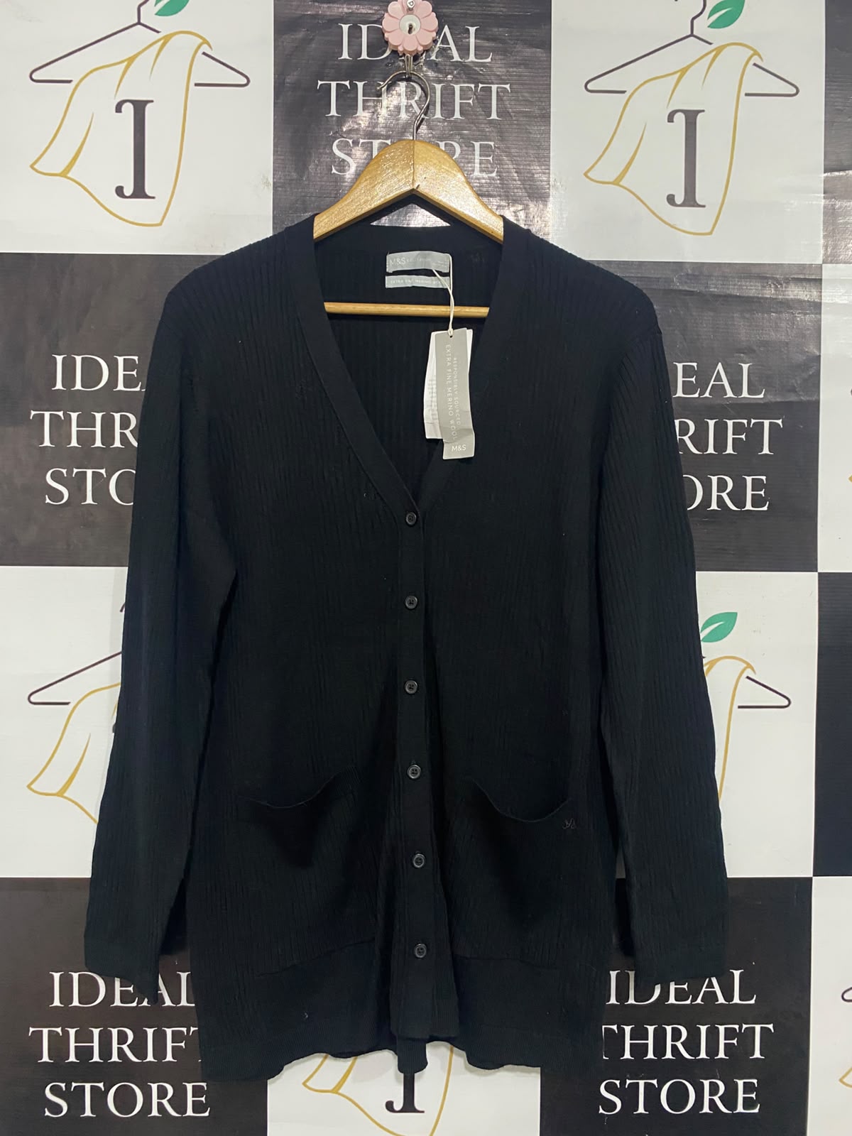 M&S |L| BUST 19| A65| BLACK RIBBED BUTTON-UP CARDIGAN