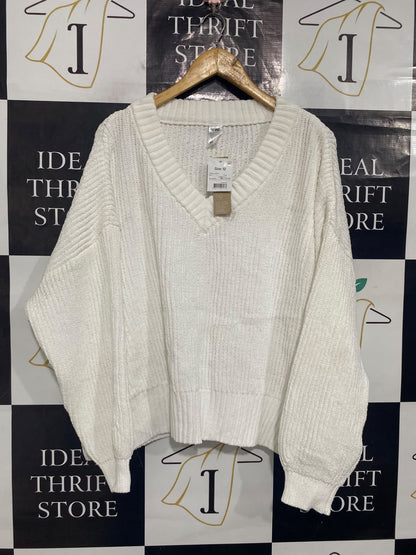 ANKO |M| BUST 28| A65| WHITE V-NECK RIBBED  SWEATER