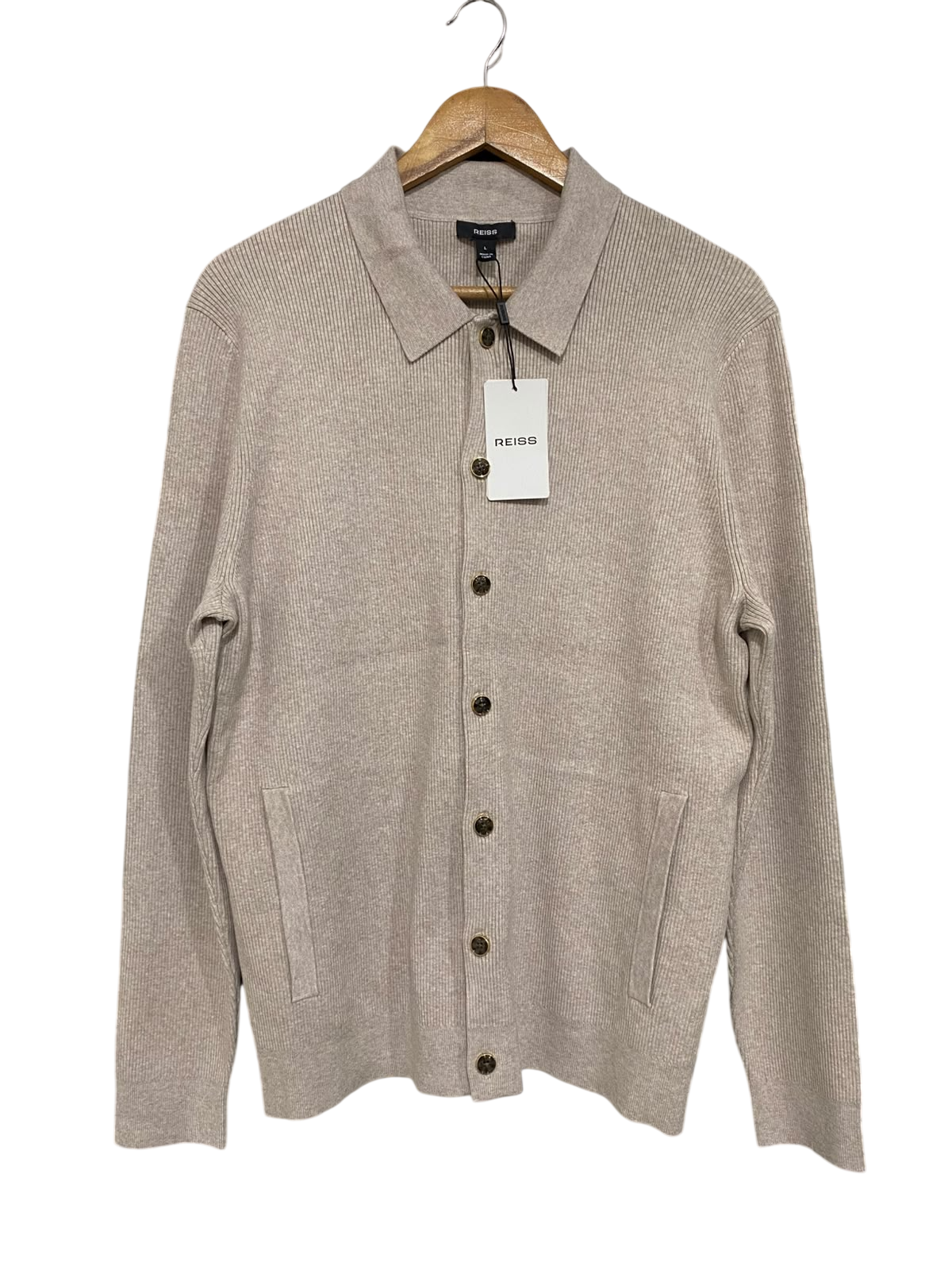 REISS |L| BUST 20| A66| OATMEAL COLLARED RIBBED  BUTTON-UP CARDIGAN