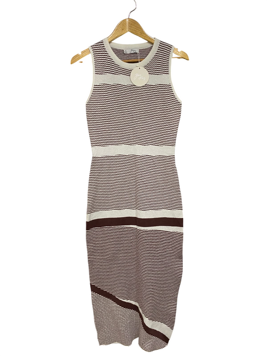 YARNA PARIS |M| BUST 15| A66| CREAM AND BROWN STRIPED CREWNECK  MIDI DRESS