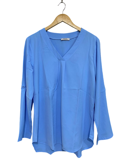 YOUTALLA |L| BUST 20| A66| BLUE V-NECK  LONG-SLEEVE BLOUSE