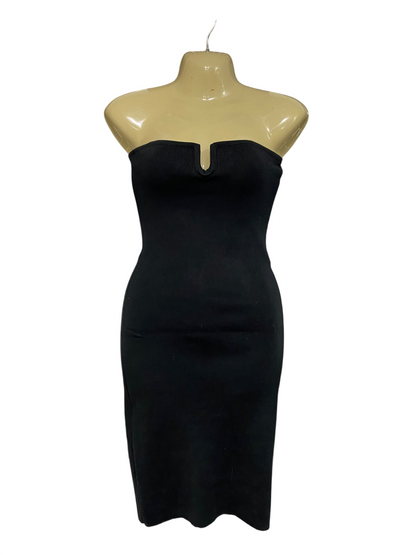 MONIQUE |S| BUST 15| A66| BLACK STRAPLESS NOTCHED-NECKLINE RIBBED MIDI DRESS