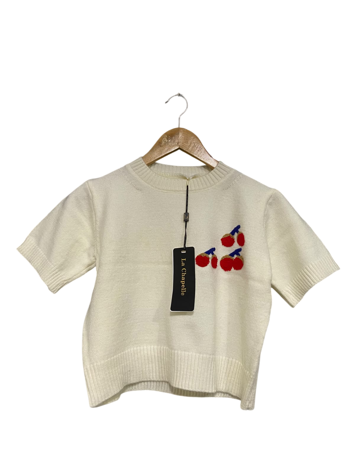 LA CHAPELLE |S| BUST 17| A66| WHITE CHERRY EMBROIDERED SHORT-SLEEVE TOP