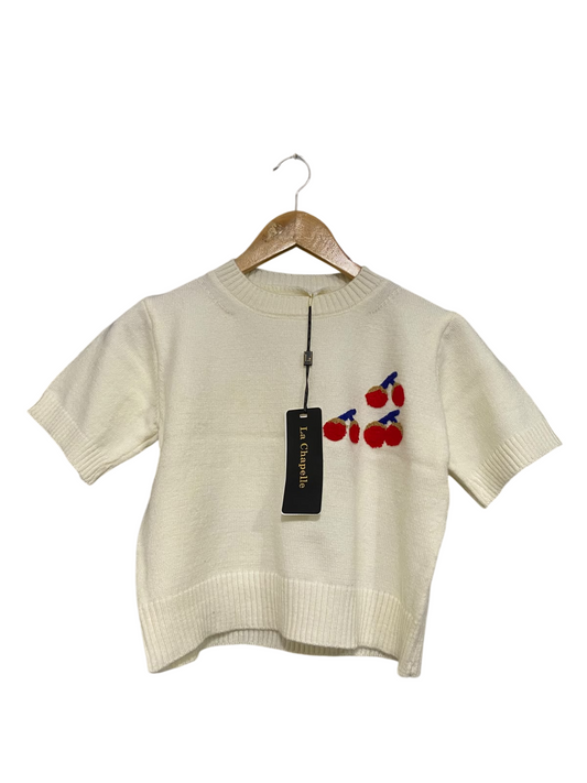 LA CHAPELLE |S| BUST 17| A66| WHITE CHERRY EMBROIDERED SHORT-SLEEVE TOP