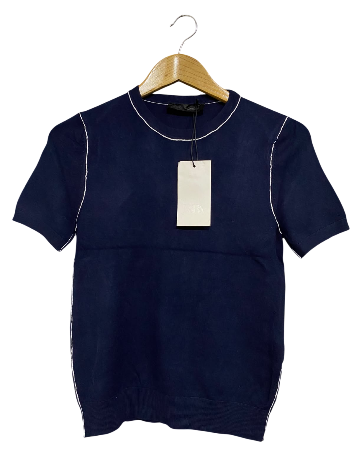 ZARA |S| BUST 15| A66| NAVY BLUE CONTRAST-STITCH  SHORT-SLEEVE TOP