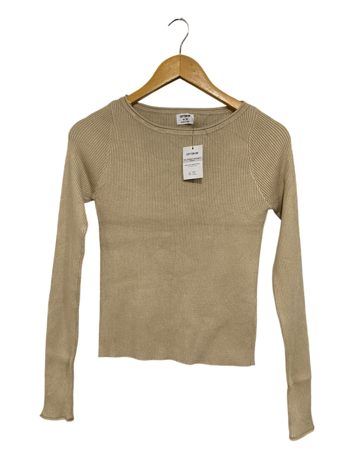 COTTON ON |M| BUST 14| A66| BEIGE SCOOP NECK RIBBED LONG-SLEEVE TOP