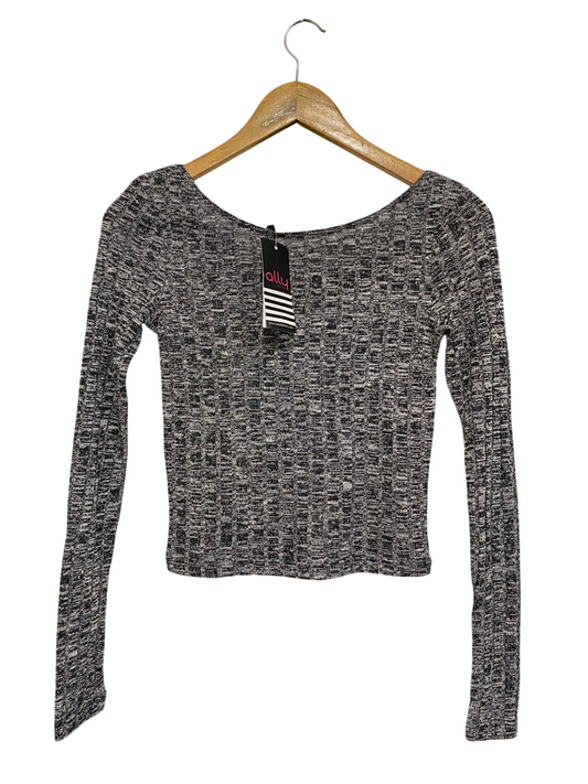 ALLY |S| BUST 14| A66| BLACK AND WHITE MARLED SCOOP NECK RIBBED LONG-SLEEVE CROP TOP