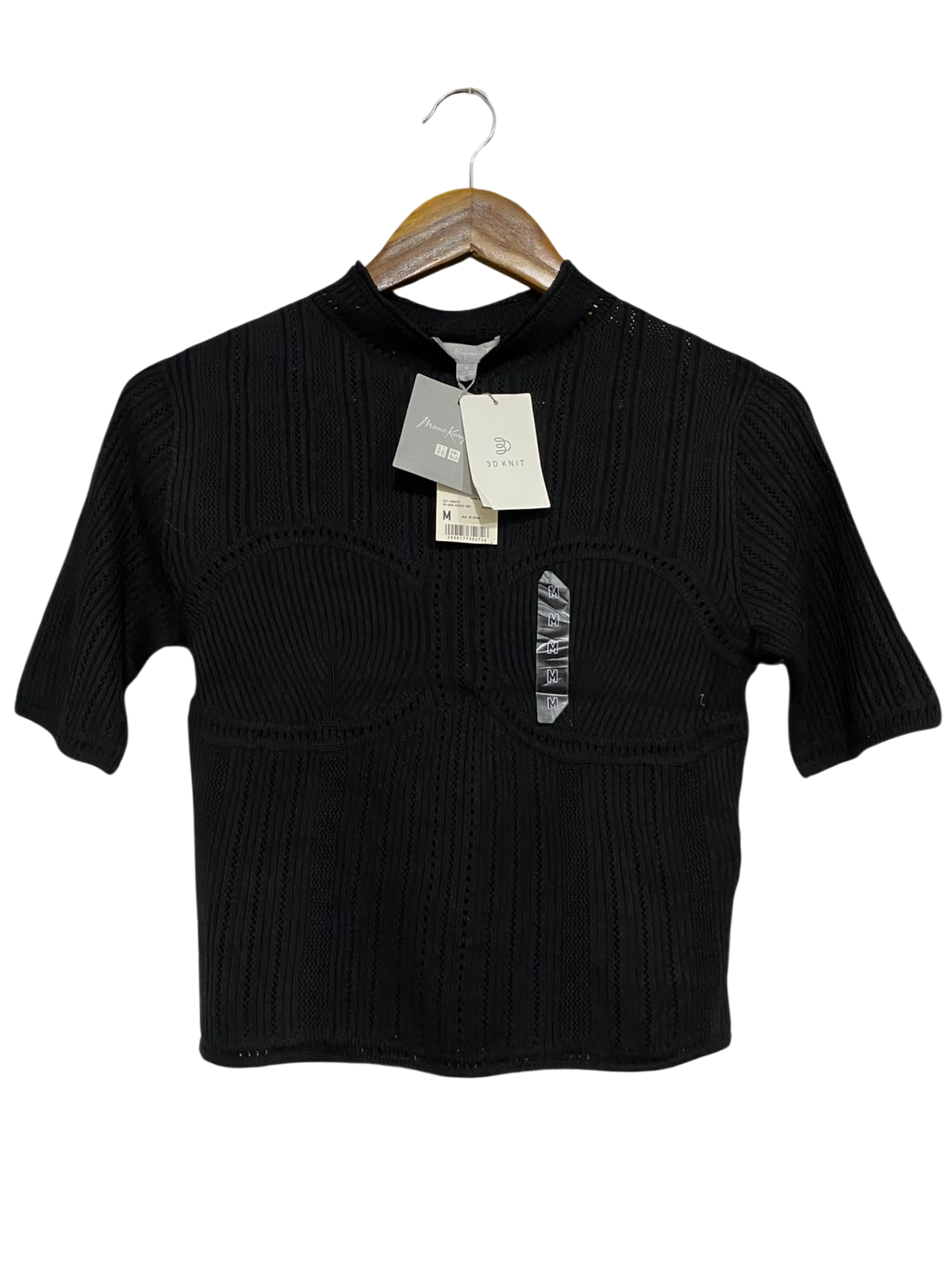 UNIQLO |M| BUST 15| A66| BLACK 3D KNIT ARCHITECTURAL RIBBED SHORT-SLEEVE TOP