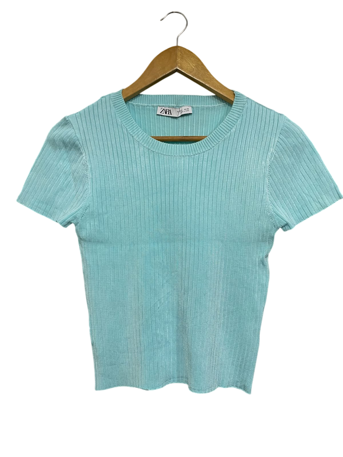 ZARA |L| BUST 14| A66| MINT GREEN RIBBED  SHORT-SLEEVE TOP