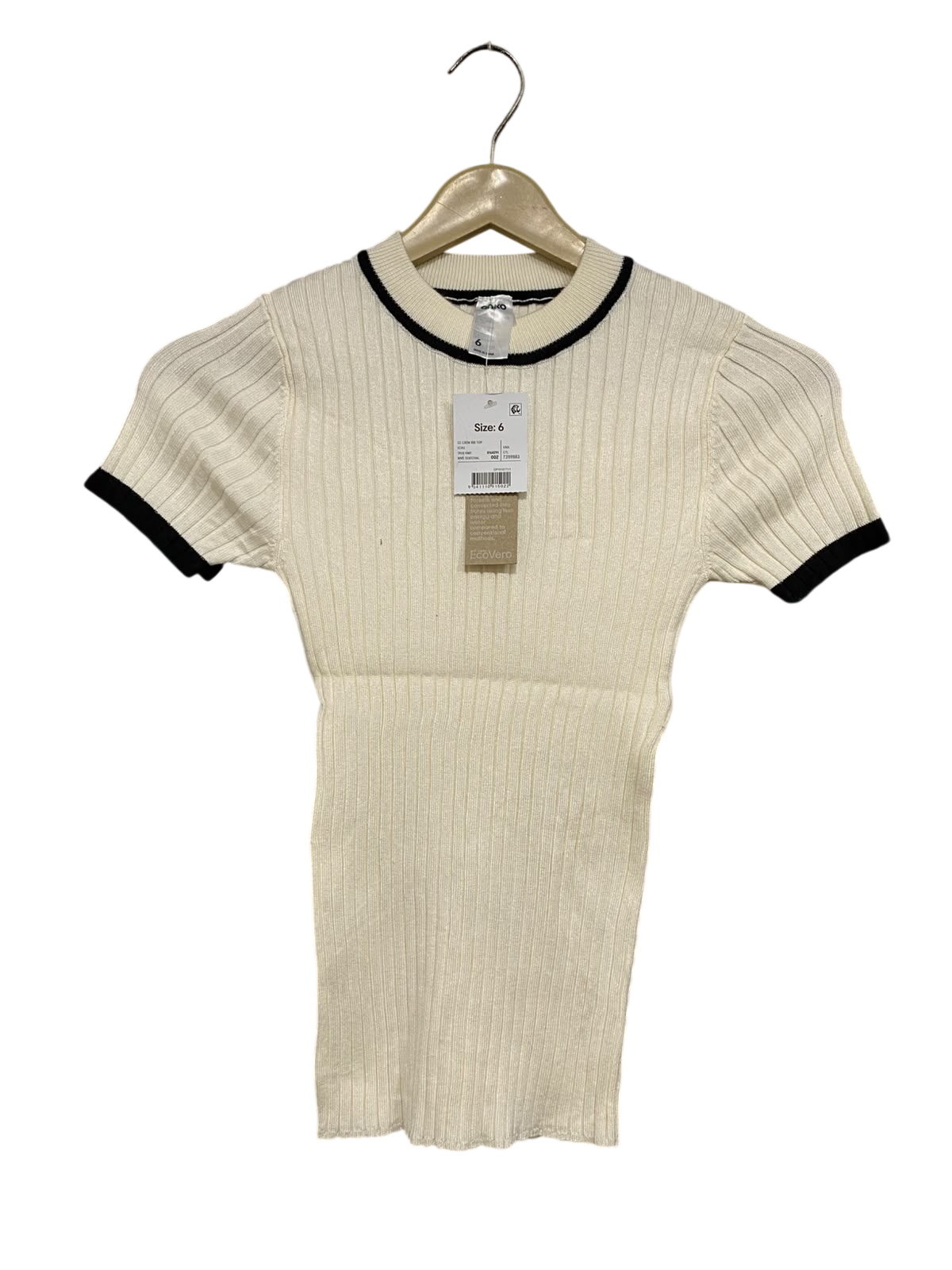 ANKO |XS| BUST 11| A66| BEIGE CONTRAST-TRIM RIBBED  SHORT-SLEEVE TOP