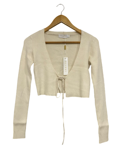 MESHKI |M| BUST 16| A66| BEIGE TIE-FRONT RIBBED  CROP CARDIGAN