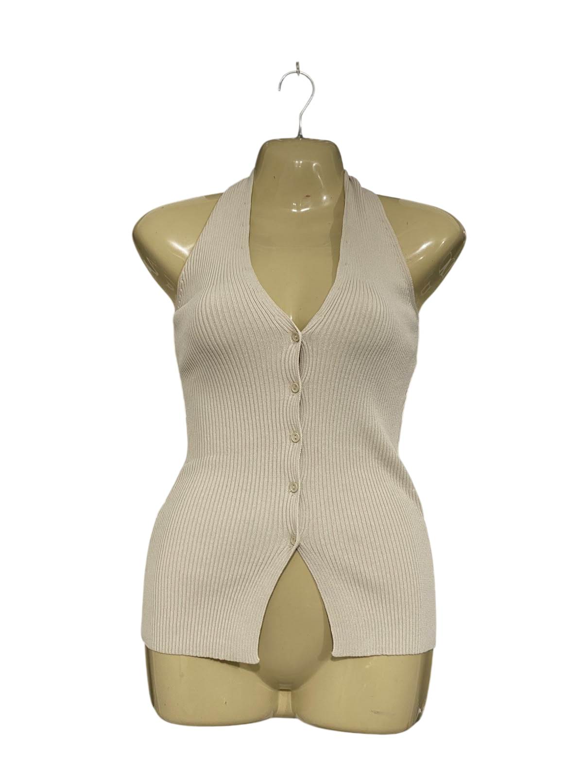 GLASSONS |XS| BUST 15| A66| BEIGE HALTER-STYLE BUTTON-UP RIBBED  TOP