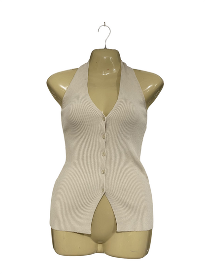 GLASSONS |XS| BUST 15| A66| BEIGE HALTER-STYLE BUTTON-UP RIBBED  TOP