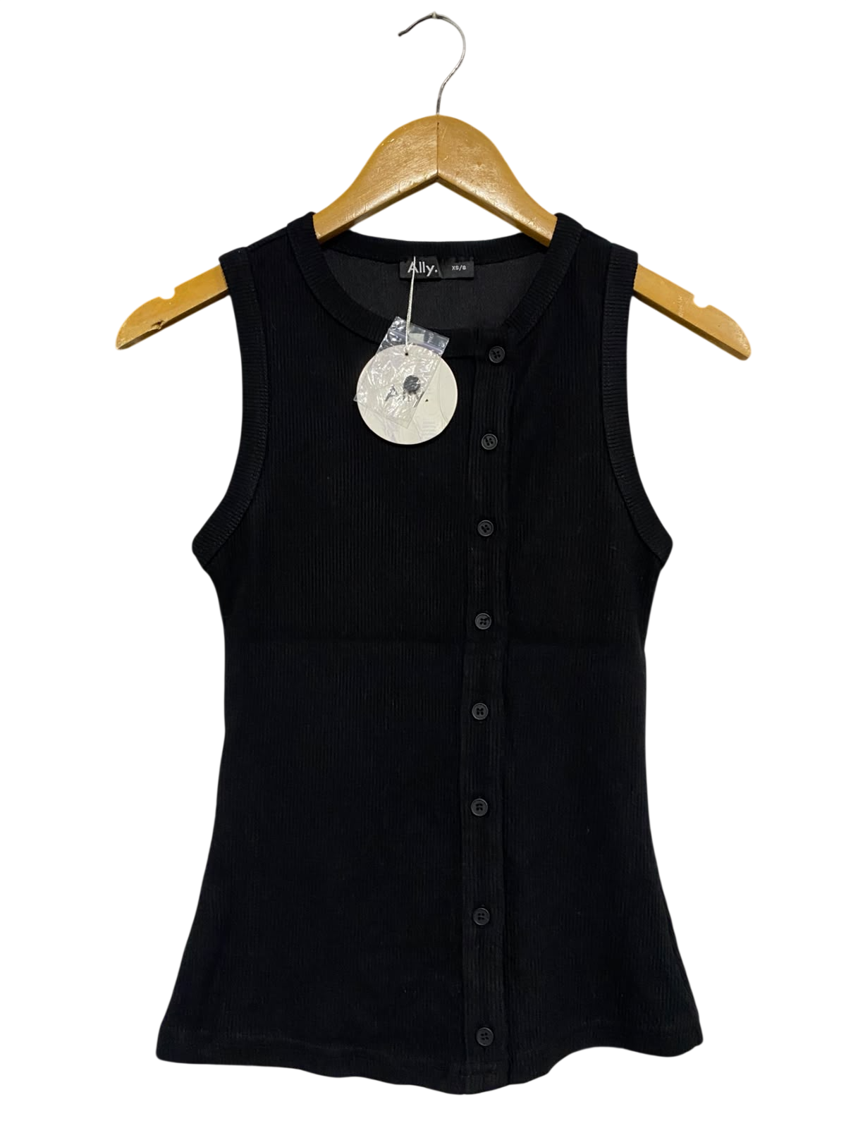 ALLY |XS| BUST 13| A66| BLACK ASYMMETRICAL BUTTON-UP RIBBED  TANK TOP