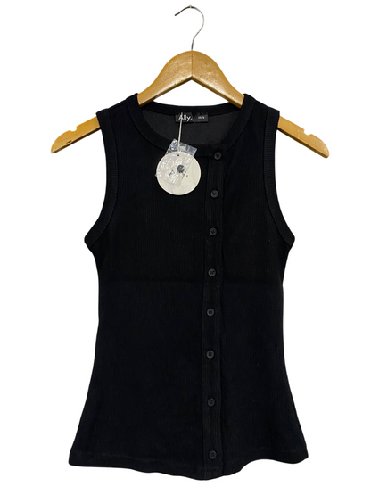 ALLY |XS| BUST 13| A66| BLACK ASYMMETRICAL BUTTON-UP RIBBED  TANK TOP