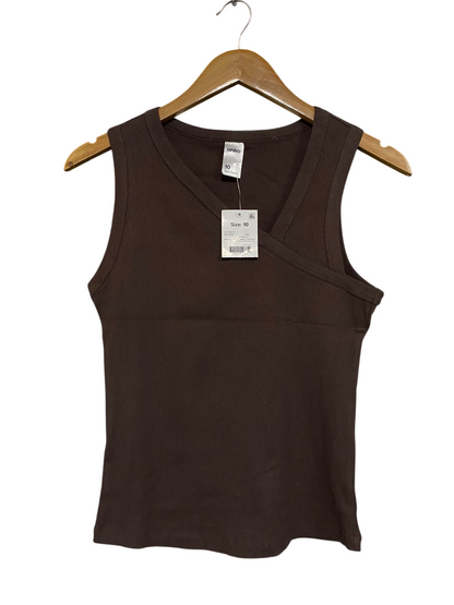 ANKO |S| BUST 14| A66| BROWN ASYMMETRICAL WRAP-FRONT RIBBED TANK TOP