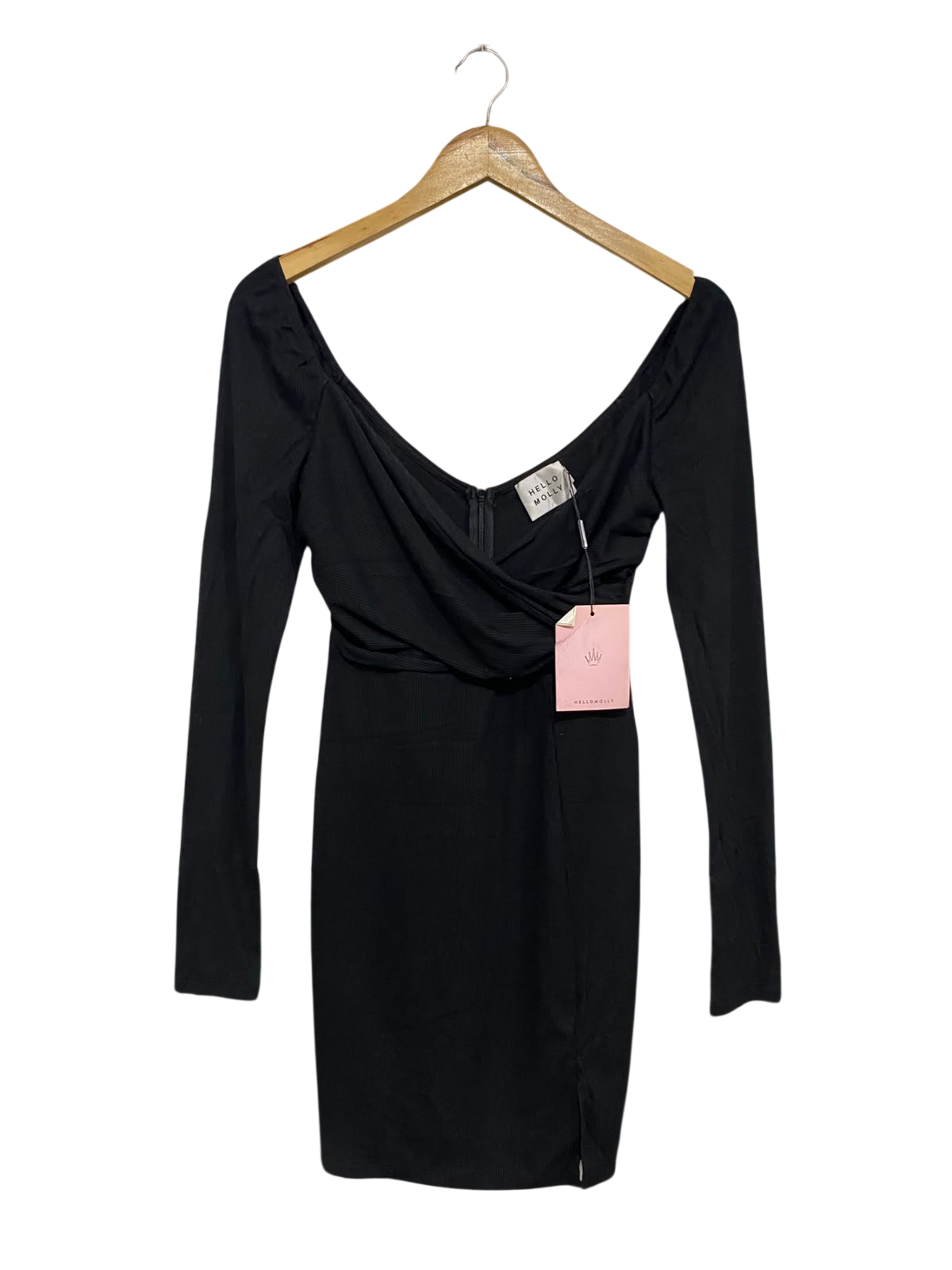 HELLO MOLLY |S| BUST 15| A66| BLACK WRAP-FRONT LONG-SLEEVE MINI DRESS