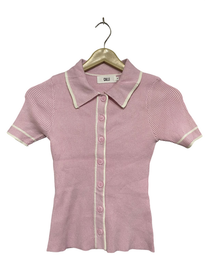 CALLI |S| BUST 12| A66| PINK CONTRAST-TRIM RIBBED  POLO TOP