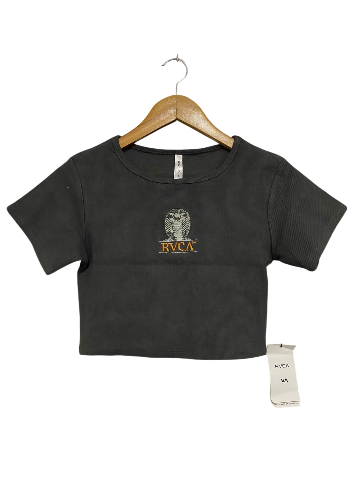 RVCA |S| BUST 14| A66| CHARCOAL COBRA EMBROIDERED CROP TOP TEE