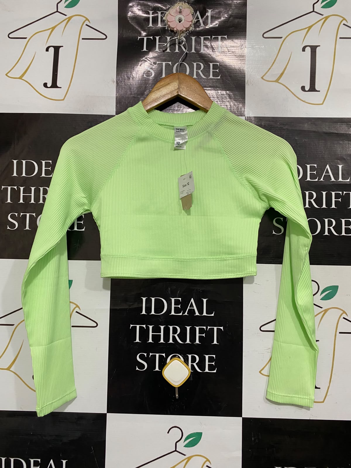 ANKO |XS| BUST 14| A66| LIME GREEN RIBBED CROP TOP  LONG-SLEEVE