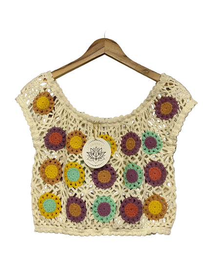 GHANDA |L| BUST 17| A66 | CREAM FLORAL CROCHET CROP TOP