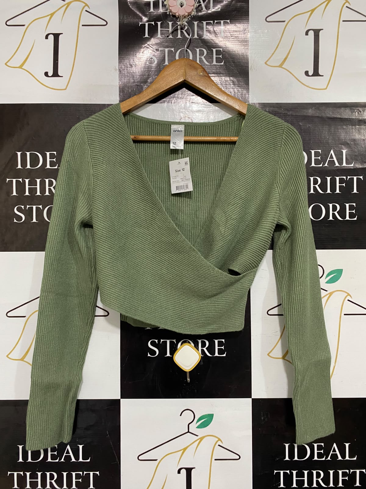 ANKO |M| BUST 17| A66| SAGE GREEN WRAP-FRONT RIBBED  CROP TOP