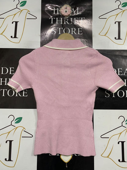 CALLI |S| BUST 12| A66| PINK CONTRAST-TRIM RIBBED  POLO TOP