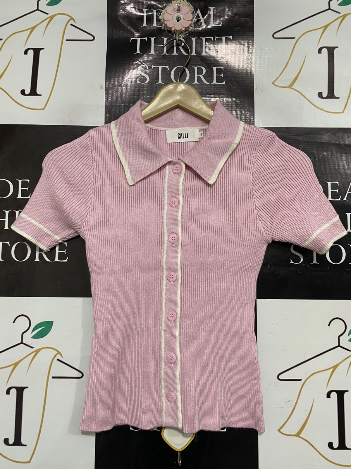 CALLI |S| BUST 12| A66| PINK CONTRAST-TRIM RIBBED  POLO TOP
