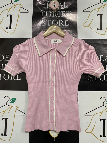CALLI |S| BUST 12| A66| PINK CONTRAST-TRIM RIBBED  POLO TOP