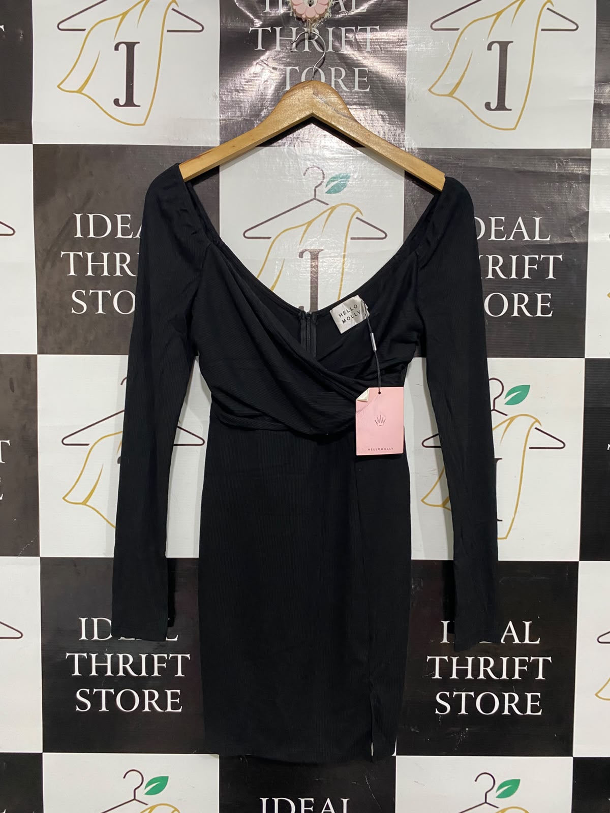 HELLO MOLLY |S| BUST 15| A66| BLACK WRAP-FRONT LONG-SLEEVE MINI DRESS