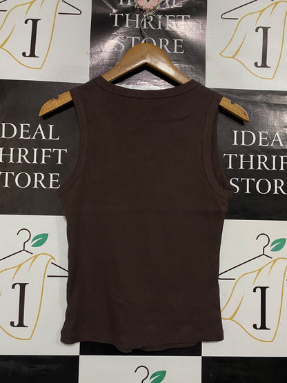 ANKO |S| BUST 14| A66| BROWN ASYMMETRICAL WRAP-FRONT RIBBED TANK TOP
