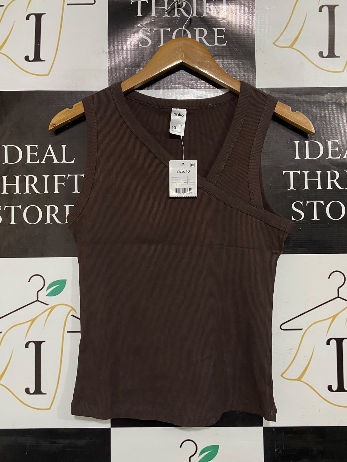 ANKO |S| BUST 14| A66| BROWN ASYMMETRICAL WRAP-FRONT RIBBED TANK TOP