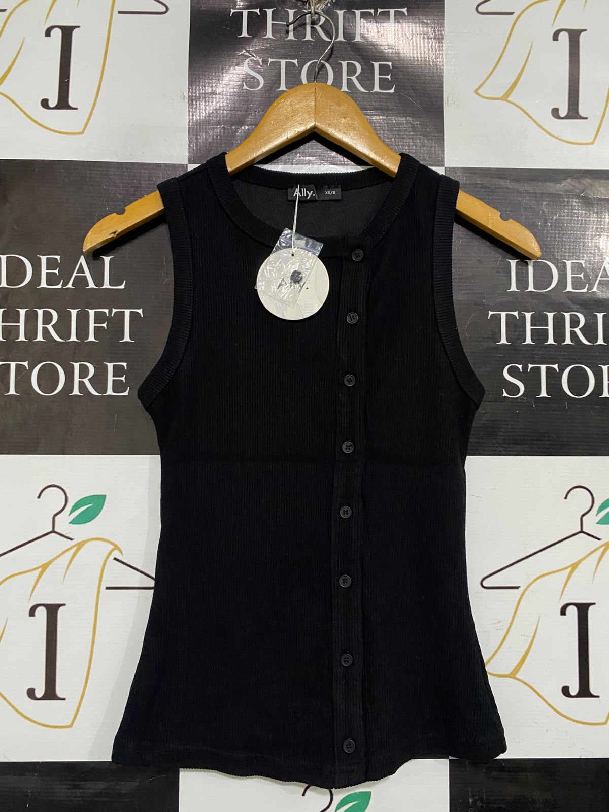 ALLY |XS| BUST 13| A66| BLACK ASYMMETRICAL BUTTON-UP RIBBED  TANK TOP