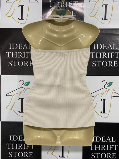 GLASSONS |XS| BUST 15| A66| BEIGE HALTER-STYLE BUTTON-UP RIBBED  TOP