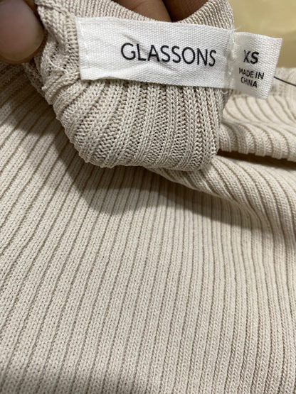 GLASSONS |XS| BUST 15| A66| BEIGE HALTER-STYLE BUTTON-UP RIBBED  TOP