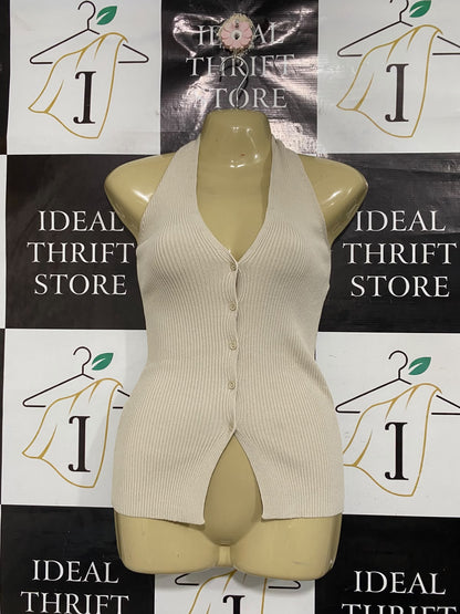 GLASSONS |XS| BUST 15| A66| BEIGE HALTER-STYLE BUTTON-UP RIBBED  TOP