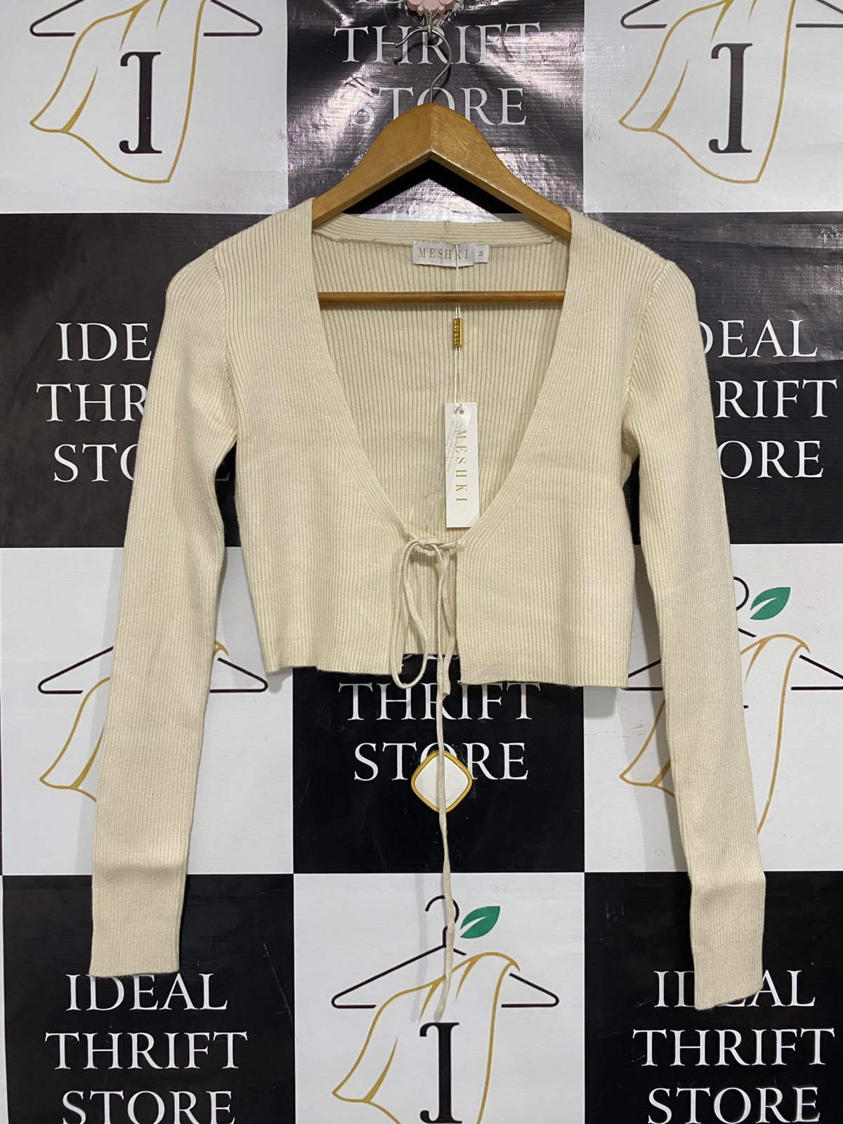 MESHKI |M| BUST 16| A66| BEIGE TIE-FRONT RIBBED  CROP CARDIGAN