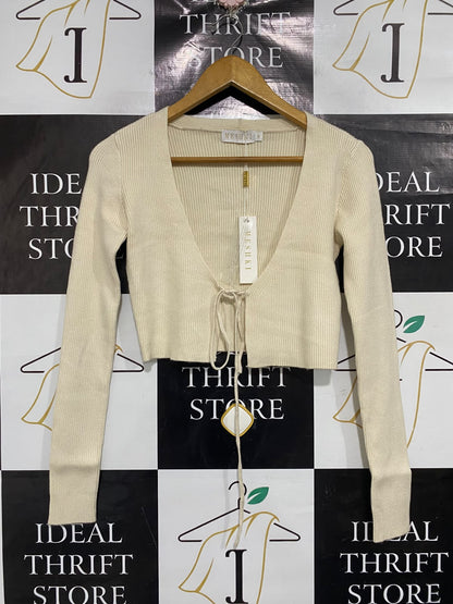 MESHKI |M| BUST 16| A66| BEIGE TIE-FRONT RIBBED  CROP CARDIGAN