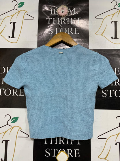 AVA EVER |XS| BUST 14| A66| LIGHT BLUE TEXTURED BUTTON-UP  CROP TOP
