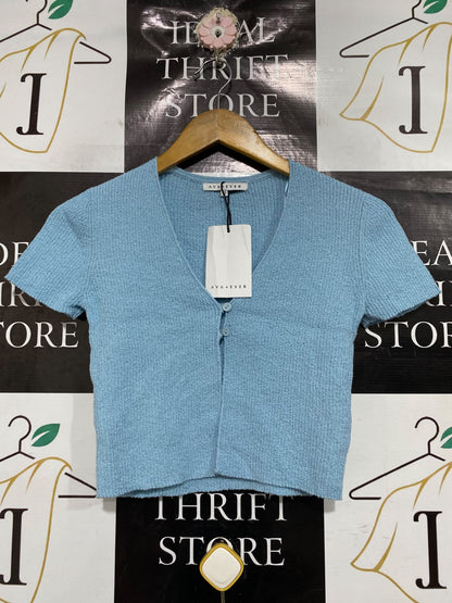 AVA EVER |XS| BUST 14| A66| LIGHT BLUE TEXTURED BUTTON-UP  CROP TOP
