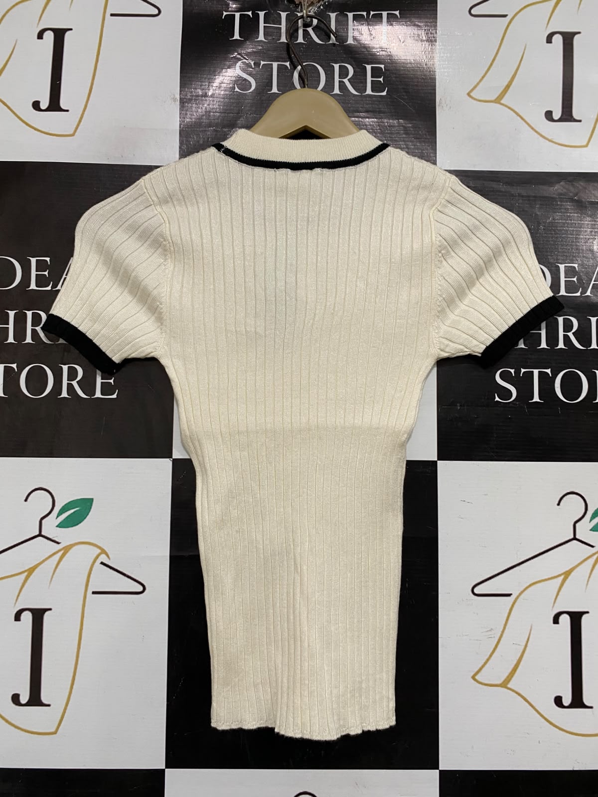 ANKO |XS| BUST 11| A66| BEIGE CONTRAST-TRIM RIBBED  SHORT-SLEEVE TOP