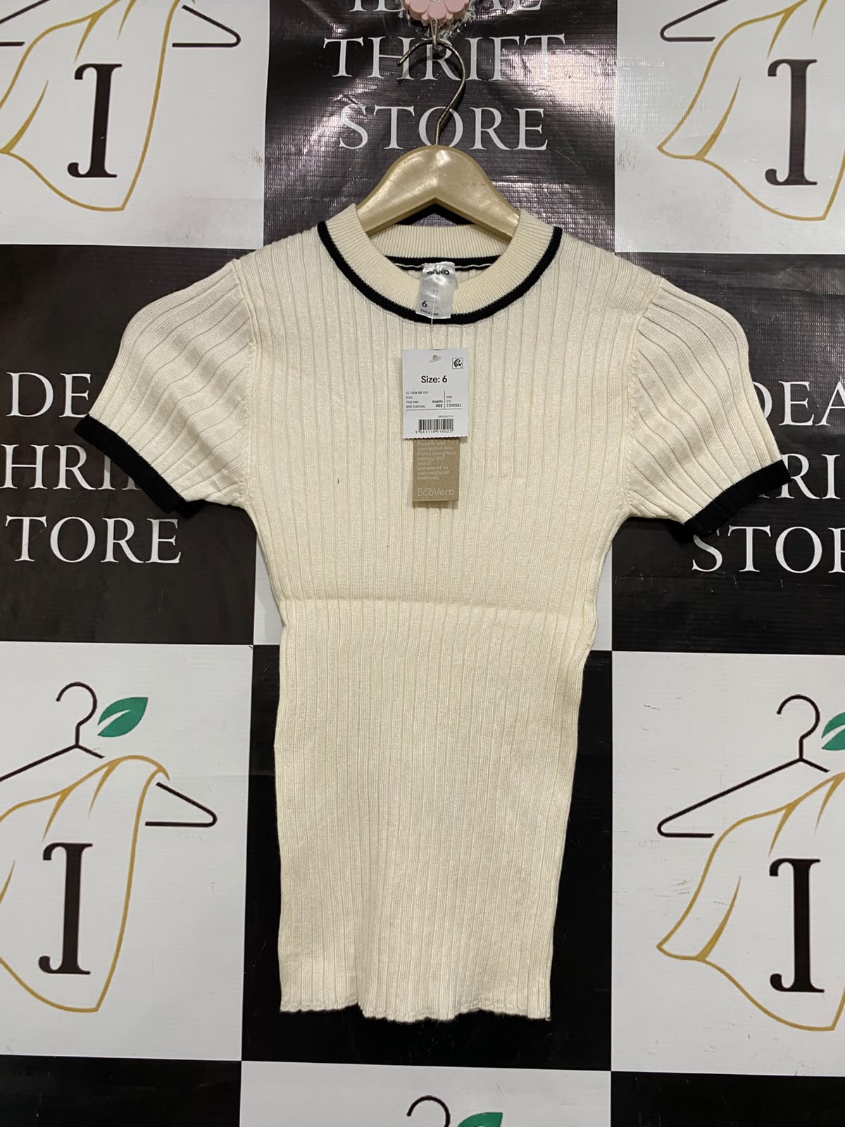 ANKO |XS| BUST 11| A66| BEIGE CONTRAST-TRIM RIBBED  SHORT-SLEEVE TOP