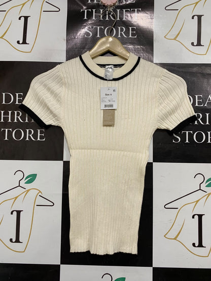 ANKO |XS| BUST 11| A66| BEIGE CONTRAST-TRIM RIBBED  SHORT-SLEEVE TOP